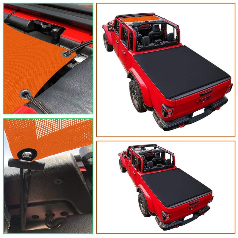 Shadeidea JT Sun Shade Top Sunshade Compatible with Jeep Gladiator Top Shade Mesh Screen Roof Cover (2018-2023)- Wind Noise UV Blocker with GrabBag Pouch -10 Year Warranty- Orange -Front - Image 3